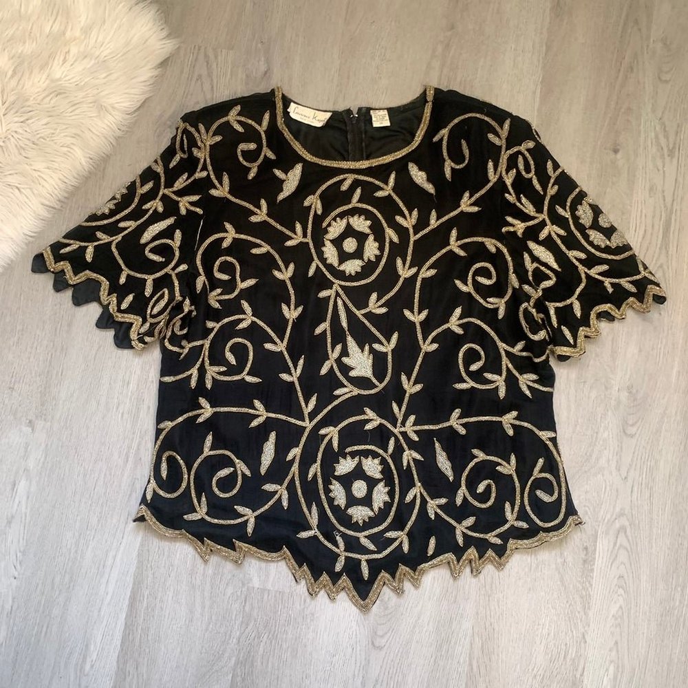 Vintage Laurence Kazer New York Black Gold Sliver 100% Silk Beaded Blouse 2X